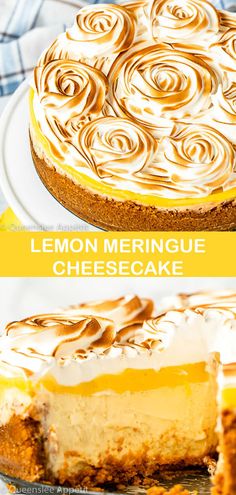 lemon meringue cheesecake on a white plate