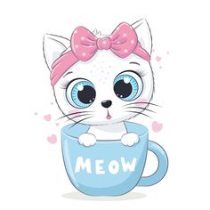 a cute cat is holding a cup with the word meow in it's paws