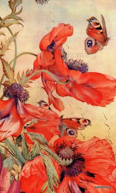 a painting of red flowers and two butterflies flying over the top of one flower, while another butterfly hovers in the background