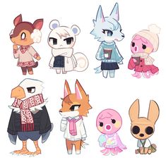 several cartoon animals are standing together in different poses and colors, all wearing winter clothes