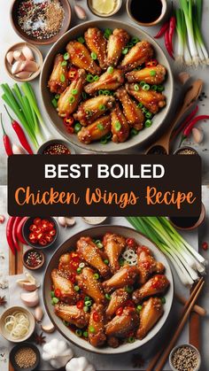 the best boiled chicken wings recipe is shown with ingredients and sauces on the side