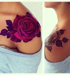 a woman's breast with a rose tattoo on it