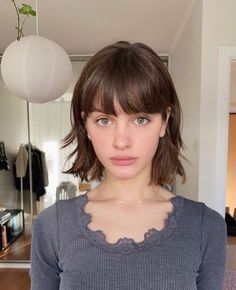 Brown French Bob With Bangs, Short Hair And Bangs Straight, Short Haircuts With Bangs Straight Hair, Fun Short Haircuts For Women, Bangs On Short Straight Hair, Thick Choppy Bangs, Shoulder Length Hair With Straight Bangs, Long French Bob Round Face, Fringe And Short Hair