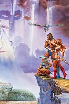 a painting of two women standing on top of a cliff with swords in their hands