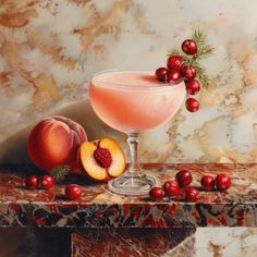 a painting of a drink and fruit on a marble table