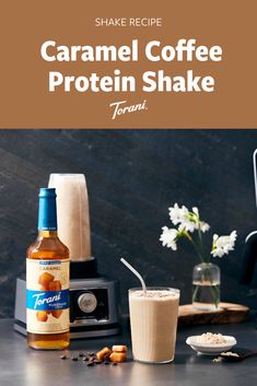 caramel coffee protein shake recipe on a counter with flowers in the background and text overlay that reads, caramel coffee protein shake