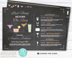 a chalkboard menu with drinks on it and the words last fling before the ring