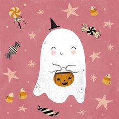 an illustration of a ghost with a pumpkin in its mouth and other halloween decorations around it