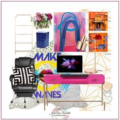 a collage of art, furniture and decor including a pink desk with a laptop on it