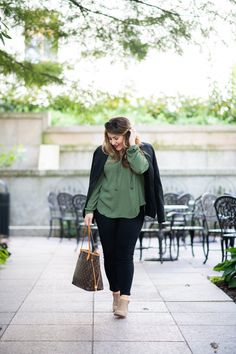 Olive Blouse featured by top US fashion blog Coffee Beans and Bobby Pins; Image of a woman wearing Anthropologie blouse, Nordstrom blazer, Madewell jeans, Vince Camuto booties, Louis Vuitton bag and Madewell earrings. Nordstrom Blazer, Madewell Earrings, Vince Camuto Booties, Closet Wishlist, Minimal Wardrobe, Dressy Casual Outfits, Basic Wardrobe