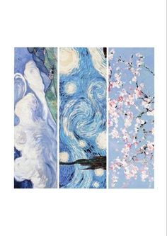 four paintings with different colors and designs on them, one is blue the other has white flowers