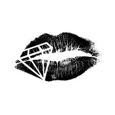 a black and white photo of a woman's lips with diamonds on the tip