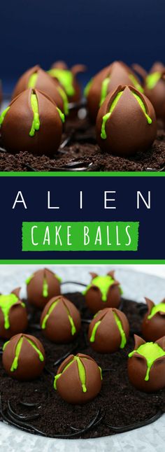 chocolate cake balls with neon green icing on top and in the background, there is an image of alien cakes