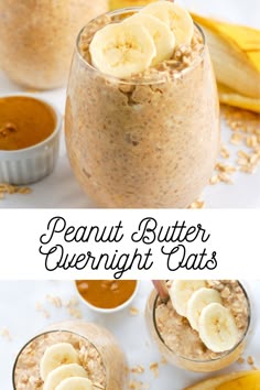 peanut butter overnight oatmeal with banana slices in the top and on the bottom