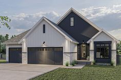 this is an artist's rendering of the front elevation of a house with two garages