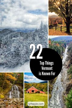 the top things vermont is known for in this postcard series, including waterfalls and trees