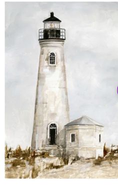 a painting of a lighthouse with a kite flying in the sky next to it's shadow