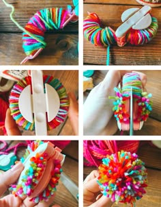 the process to make a colorful loom bracelet with yarn and plastic scissors is shown