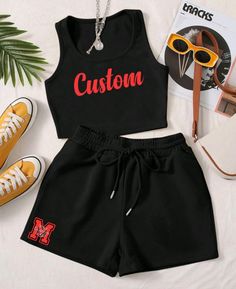 Perfect for lounging around, for school or camp!  Can be personalized with any school, team, camp, company or your custom text and logo. Crop Tops For Kids, Cute Outfits With Shorts, Confirmation Invitations, Mens Casual Dress Outfits, School Team, College Team, Easy Trendy Outfits, Crop Top And Shorts, Tween Outfits