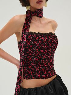 The perfect piece for winter evenings out, the Berry Bud red bustier top is crafted in floral-printed velvet. Cut to a cropped length, this strapless bustier has a delicate lace trim that peeks out above the neckline. Throw on the included matching scarf and go. Velvet Party Corset, Floral Print Bandeau Tube Top For Party, Floral Print Bandeau Top For Party, Red Bustier Top, Velvet Bustier, Printed Velvet, Strapless Bustier, Wedding Lingerie, Bustier Top