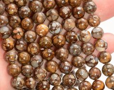 a hand holding several brown and white beads in it's left hand, with the bea