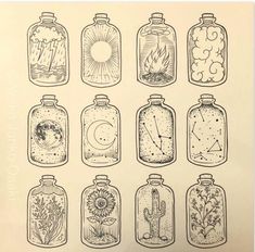 an old book with many different jars filled with plants and other things in them, all lined up