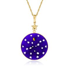 Ross-Simons - Italian Blue Murano Glass Stars, Moon Pendant Necklace in 18kt Gold Over. Our Italian-made necklace is as magical as an evening in Roma. A 54x32mm Murano glass round beams a bold shade of midnight blue, with white stars and a yellow crescent moon to complete the celestial scene. Framed in polished 18kt yellow gold over sterling silver and suspended from a Singapore chain that adjusts from 24" to choker length. Murano glass is unique and will vary. Lobster clasp, Murano glass stars Blue Celestial Round Jewelry, Celestial Blue Round Jewelry, Blue Round Pendant Jewelry With Star Charm, Blue Star Charm Round Pendant Jewelry, Blue Star-shaped Celestial Jewelry, Celestial Blue Star-shaped Jewelry, Celestial Blue Round Necklaces, Celestial Blue Necklaces, Blue Celestial Round Necklaces