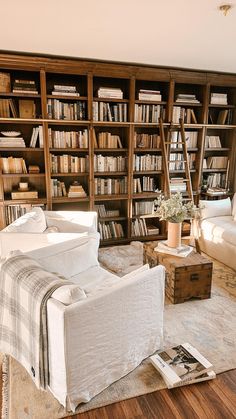 a living room filled with lots of furniture and bookshelves covered in shelves full of books