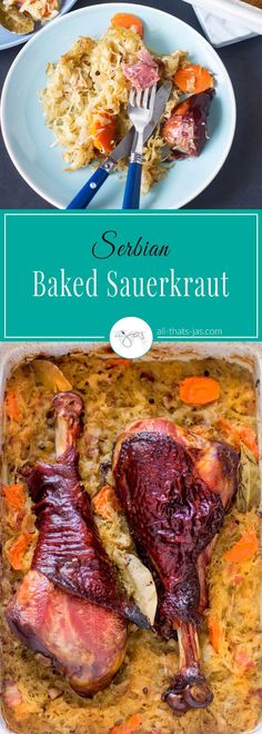 baked sauerkraut in a casserole dish with carrots and meat