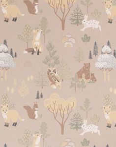 an animal themed wallpaper with trees and animals