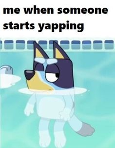 a cartoon dog is floating in the water with caption that reads, me when someone starts yapping