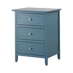 a blue nightstand with three drawers on each side