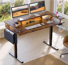 a computer desk with two monitors on top of it next to a chair and window