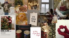 a collage of photos with christmas decorations, gifts and people in the background wearing sweaters