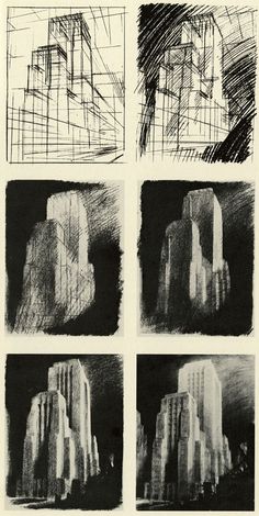 four black and white drawings of buildings in different stages of construction, with one being drawn