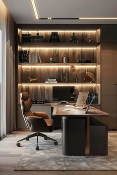 Modern home office with wooden desk, ergonomic chair, computer, bookshelf with decorative items and warm lighting. Home Office Nook Ideas, Executive Office Design, Small Workspace, Warm Color Schemes, Dorm Room Hacks, Small Fireplace, Cozy Home Office, Room Hacks