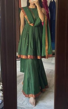 Woman's outfit of the day Green Kurti, Green Sharara, Trendy Outfits Indian, Kurta Sharara, Long Gown Design, Lehenga Designs Simple, Anarkali Dress Pattern, Simple Kurta Designs, Kurti Set