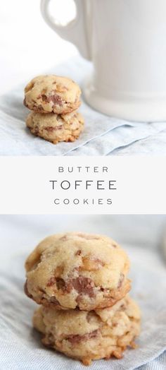 two different views of cookies on top of each other with the words butter toffe written below