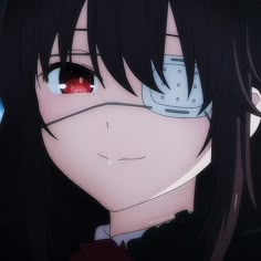 an anime character with long black hair and red eyes looks at the camera while wearing a mask