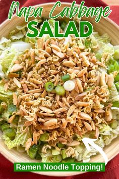 a salad with nuts and green beans in a bowl on top of a red table cloth