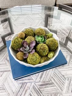 a bowl filled with succulents on top of a glass table