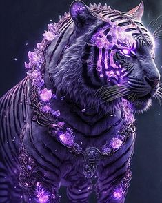 a purple tiger standing in front of a black background with lights on it's chest