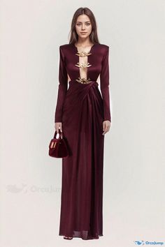 Orcajump - Deep V-neck Hollow Back Metallic Embellished Evening Gown Dress - Exquisite and Alluring Evening Gown Dresses, Red S, Gown Dress, Deep V Neck, Evening Gown, Deep V, Dark Red, Evening Gowns, Gowns Dresses