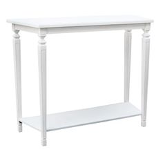 a white console table with two shelves on the bottom and one shelf below it, against a white background