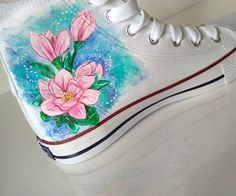 Custom Magnolia Flower shoes. Handpainted design with pink Magnolia on the white shoes. Delicate and romantic design with watercolor background. Acrylic paint on canvas shoes. Every size is possible. I use US size chart! Shoes are hand painted using High grade acrylic paint. I use a special textile paint designed to be flexible on fabric. The paint is water proof and fade proof. Prices depends on what model of shoes you will choose. Here we have art on non-brand shoes but I can use Coneverse or Spring Hand-painted High-top Sneakers, Spring High-top Hand Painted Sneakers, Hand Painted Pink Sneakers For Spring, Artistic White Sneakers For Spring, Watercolor Shoes, Shoes Watercolor, Flower Sneakers, Sharpie Tie Dye, Painting Shoes