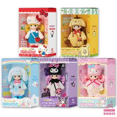 four little miss dolls in different packagings on the same page, one has a cat and