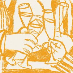 an orange and white drawing of a person holding something in their hand while sitting at a table