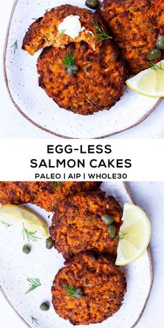 eggless salmon cakes on a plate with lemon wedges