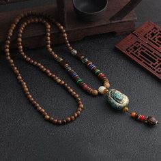 Vintage Nepal Long Buddhist Mala Wood Beaded Pendant & Necklace Ethnic Bohemian Boho Buddha Lucky Jewelry for Women Men Sweater Necklaces, قلادات متدلية, Buddhist Mala, Lucky Jewelry, Vintage Beads Necklace, Wood Bead Necklace, Elephant Necklace, Unisex Necklace, Beaded Pendant Necklace