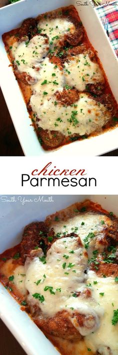 two pictures of lasagna casserole with parmesan cheese